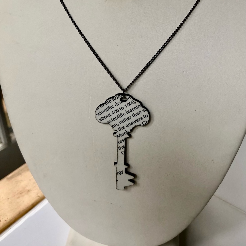 NWT key pendant, typography, Laser cut reclaimed book cover on 24” chain